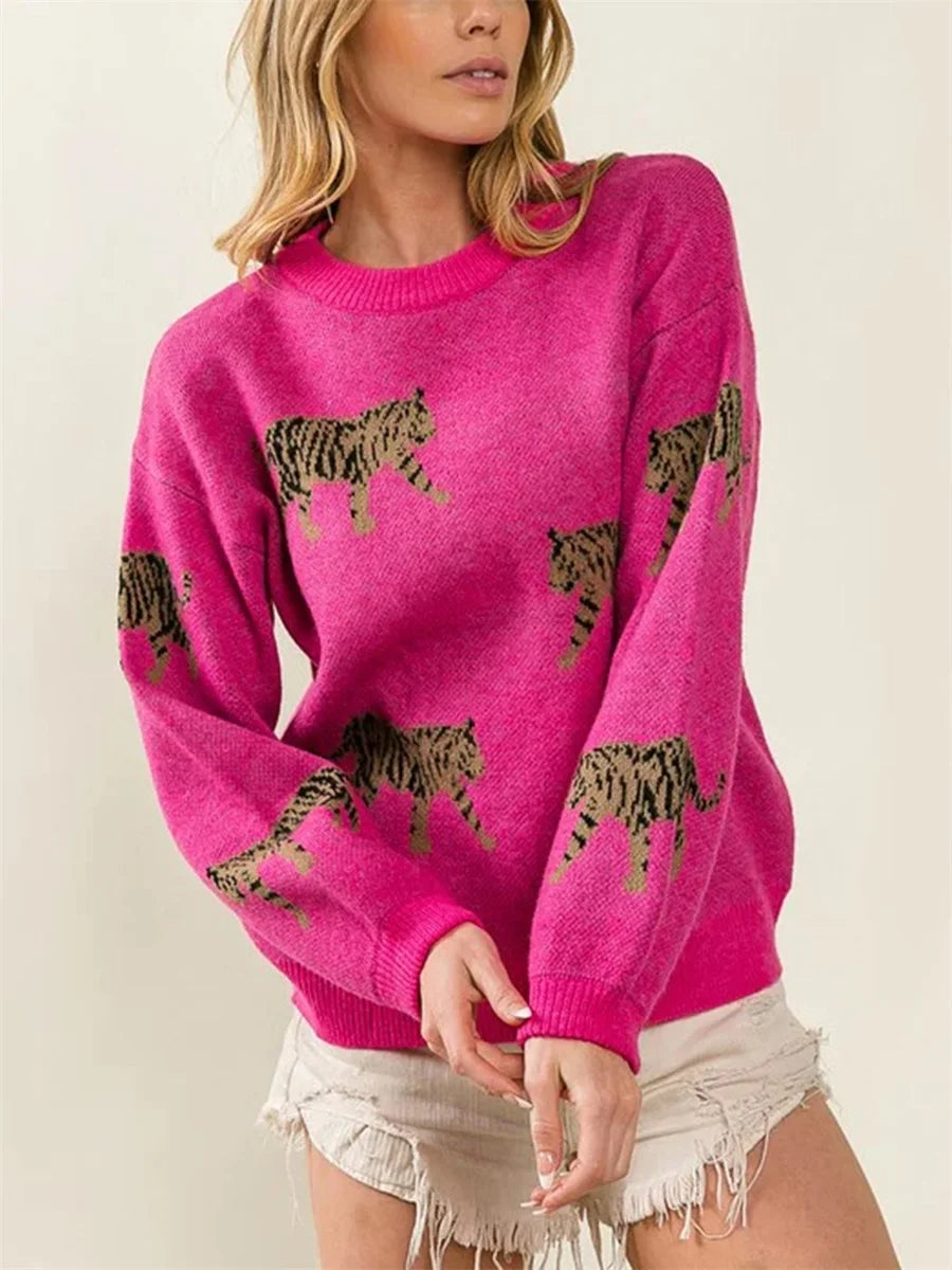 Cozy Women s Sweater with Stylish Leopard Print Design Long Sleeves and Soft Knit Fabric for Autumn Fashion Statement