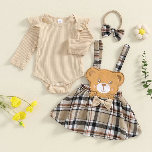 Baby Girls 3Pcs Fall Outfits Long Sleeve Romper + Bear Suspender Skirt + Headband Set Newborn Clothes