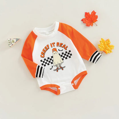 Cute Toddler Baby Girl Boy Bodysuit Fall Spring Patchwork Long Sleeve Round Neck Jumpsuit Tops Halloween Clothes 0-24 Months