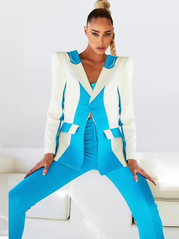 HIGH STREET Newest 2024 Designer Runway Suit Set Women's Contrast Color Blazer Pencil Pants Suit 2pcs