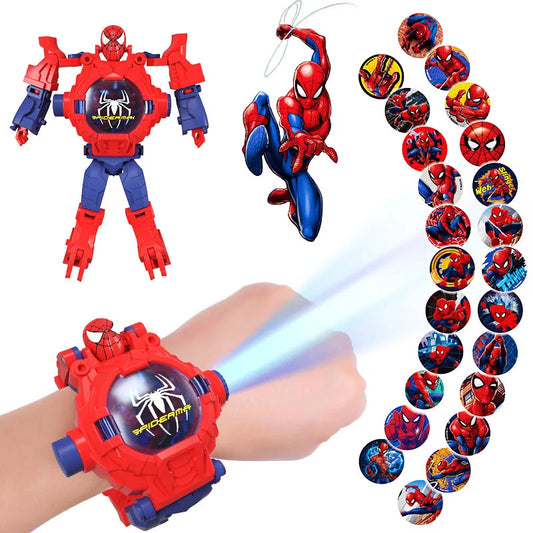 Children Watches Spiderman 24 Projection Patterns Toys for Boy Deformation Robot Projection Electronic Clock Kids Christmas Gift