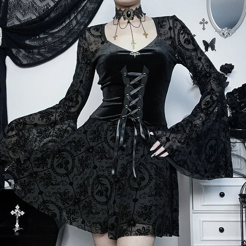 Gothic Style Dark Bell Sleeve Mesh Flocking Long Sleeve Dress Women's A-Line Skirt Halloween Costume