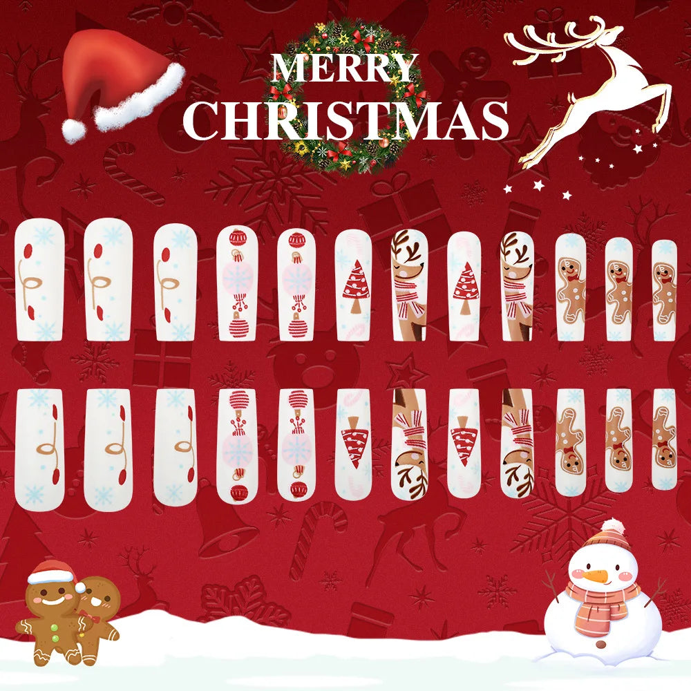 24pcs Long Ballet Christmas False Nails Cute Gingerbread Xmas Tree Fake Nails Women Wearable Full Cover European Press on Nails