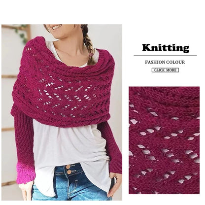 〔CC88〕Autumn and Winter Long Shawl Knitted Hollow Out Fashion Casual Wraps Shoulder Sweater Scarf with Lengthened Double Sleeves