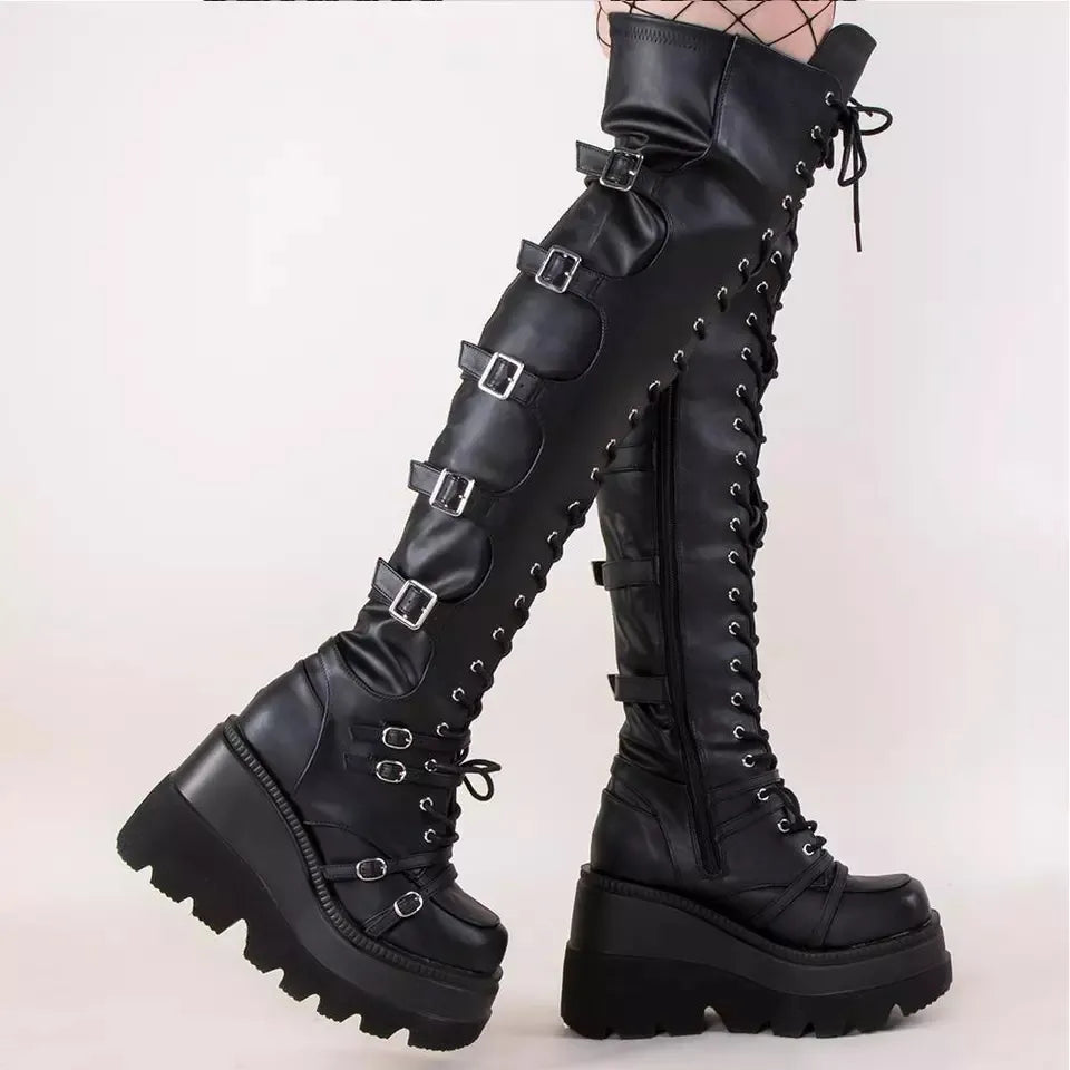 Gothic Thigh High Boots Women Platform Wedges Motorcycle Boot Over The Knee Army Stripper Heels Punk Lace-up Belt Buckle Long