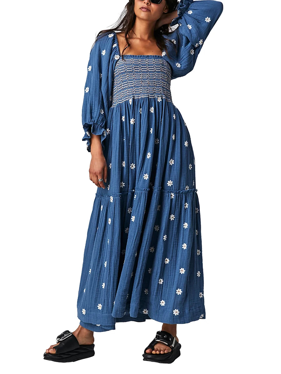 Casual Ladies Floral Print 3/4 Sleeve Loose Dress Summer Square Neck Long Dress Bohemian Women's A-Line Sundress 2023 Streetwear