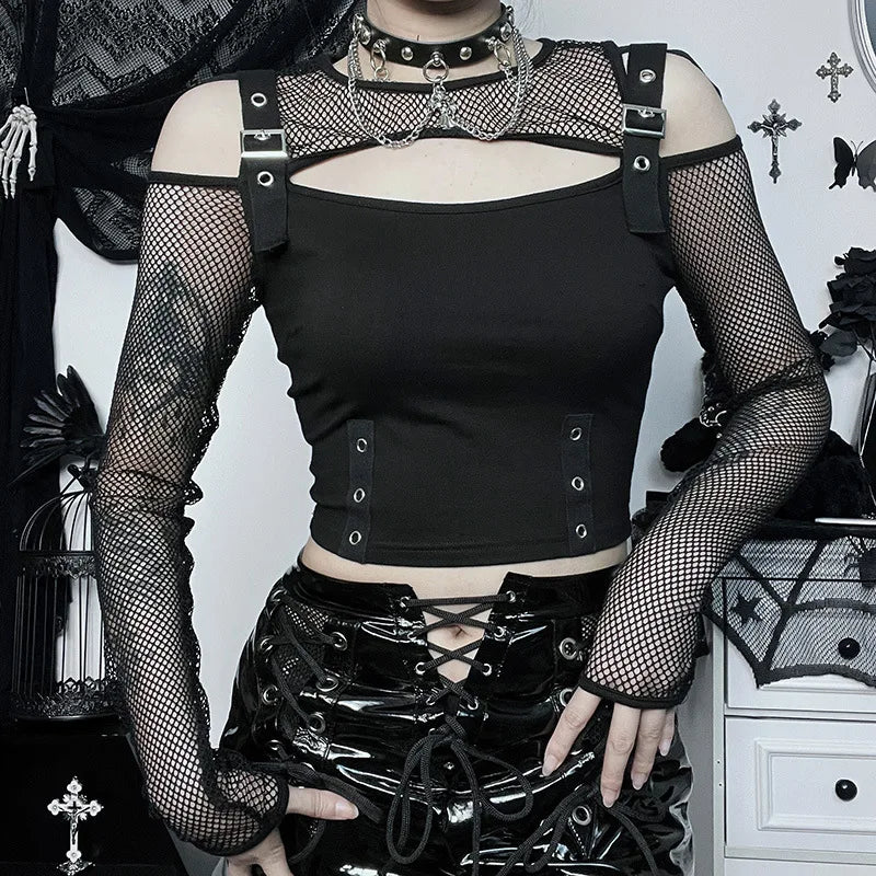 Goth Dark Mall Gothic Fishnet Patchwork T-shirts Grunge Punk Hollow Out Buckle Crop Tops Techwear Fashion Female Alt Streetwear