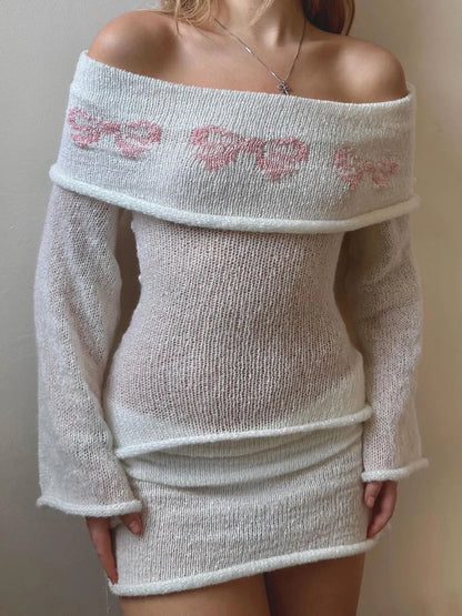 Women s Off Shoulder Sweaters Chest Folding Boat Neck Long Sleeve  Fit Casual Knitted Tops