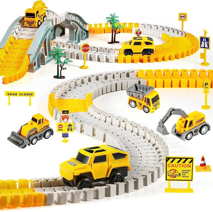 260 PCS Construction Race Tracks for Kids Toys, 2 Electric Cars, 4 Construction Cars, 1 Map & Flexible DIY Track Set for 3+ kids