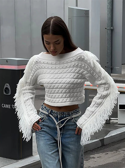 Off-shoulder Long Sleeve Tassel Women‘s Sweater Solid Color Short Pullover Casual Fashion Autumn Sweaters Ladies Knitted Tops