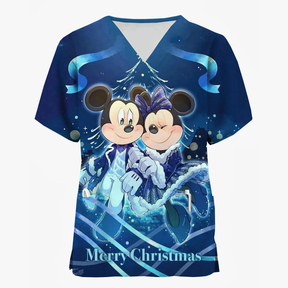 Disney Mickey Mouse Minnie print Christmas Scrub Tops Women Dentist Work Uniform Nurse Scrub Uniforms Medicals Dental Hospital