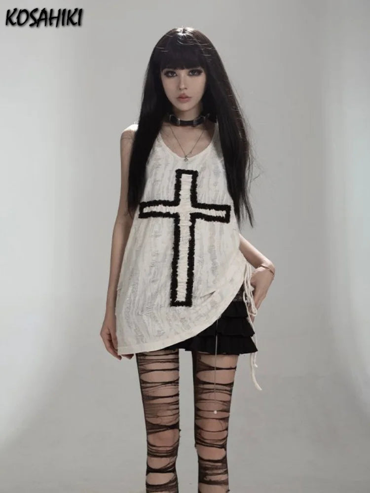 Y2k Aesthetic Tank Top Women Gothic Punk Cross Patchwork Harajuku Streetwear Sleeveless Tee Pleated Bandage Fairy Grunge Tanks