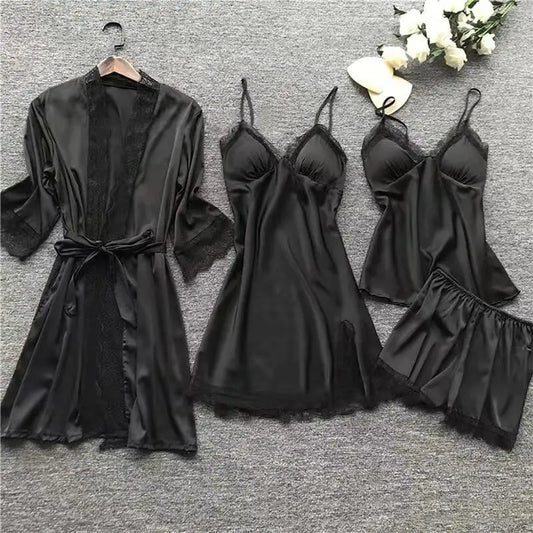 4PCS Sleepwear Pajamas Set Silk Women Nightdress Lace Dress Robe Sleep Nightwear Silk Solid Color Pijama Sets