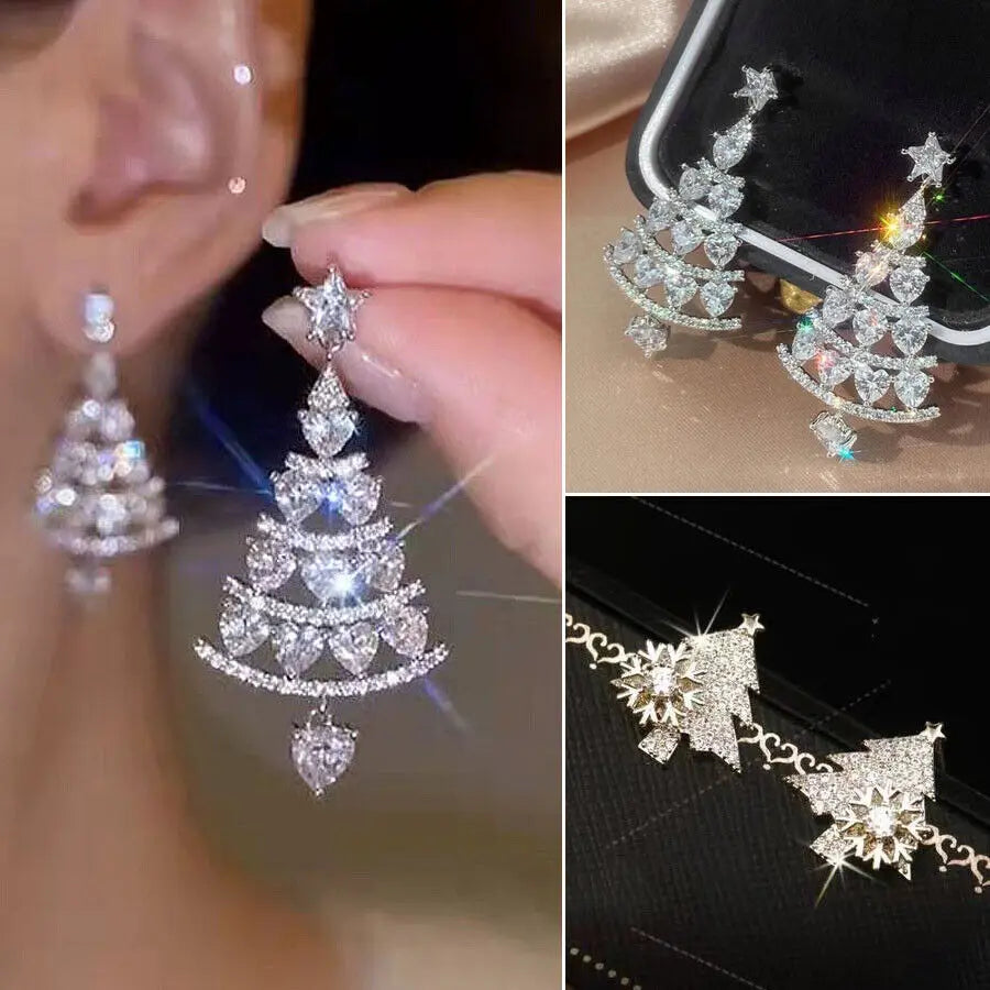 Wholesale 925 Silver Needle Christmas Tree Snowflake Earrings Dangle Women Jewelry Xmas Earring