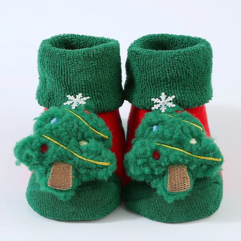 Winter Baby Sock Winter Cartoon Elk Tree Christmas Red Thick Warm Stocking Infant Anti-slip Floor Terry Sock Christmas Gift