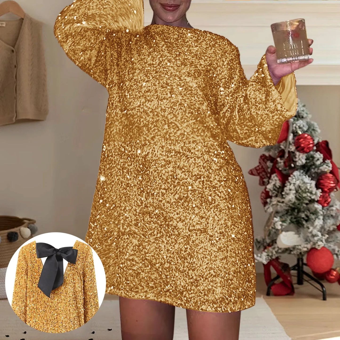 Women Shiny Sequin Party Dress Elegant Backless Bowknot O Neck Dresses Long Sleeve Glitter Evening Dress Sexy Ladies Vestidos