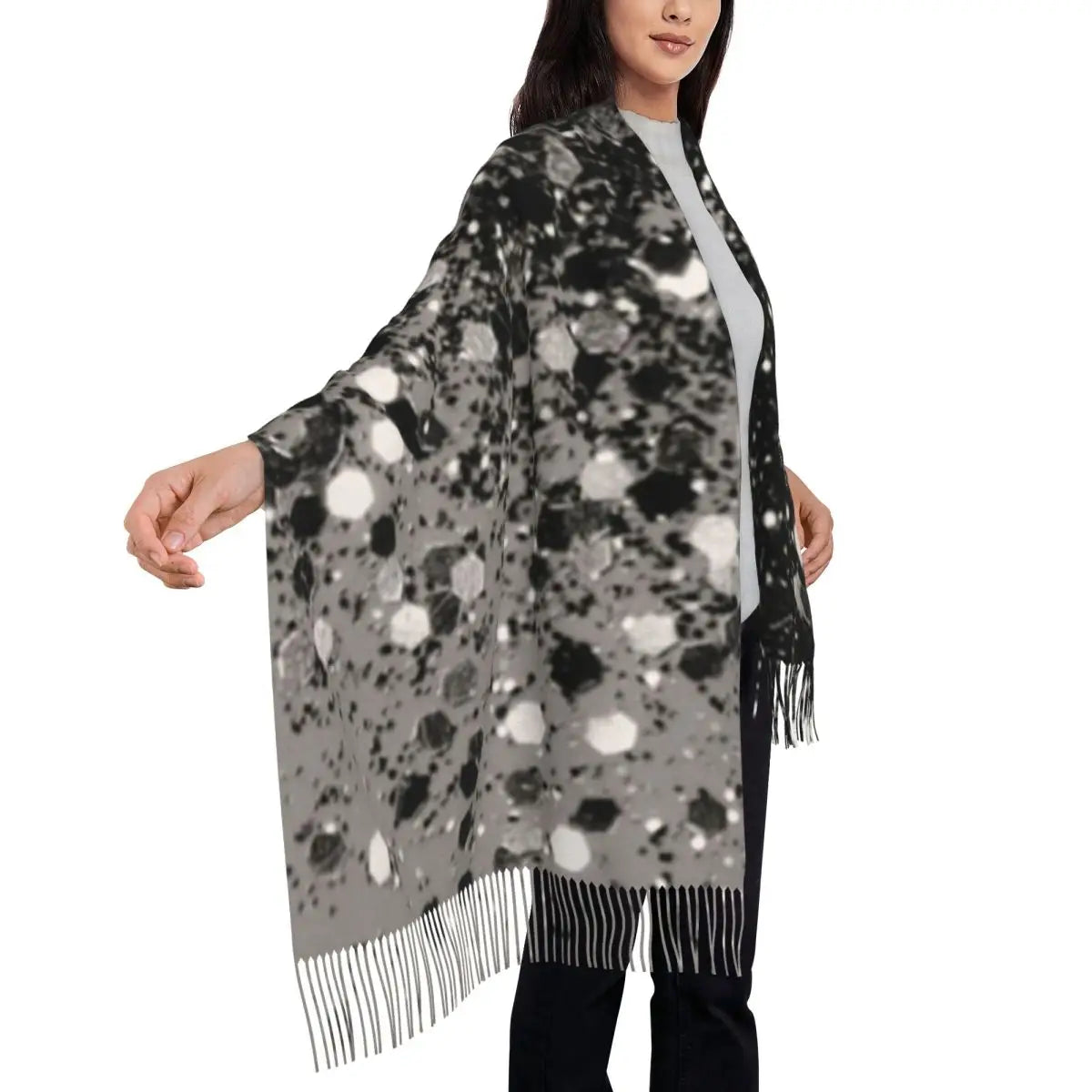 Silver Gray Glitter (Faux Glitter) Scarf Tassel Scarves Women Soft Warm Shawls and Wraps Large Fall Winter Shawl Wrap