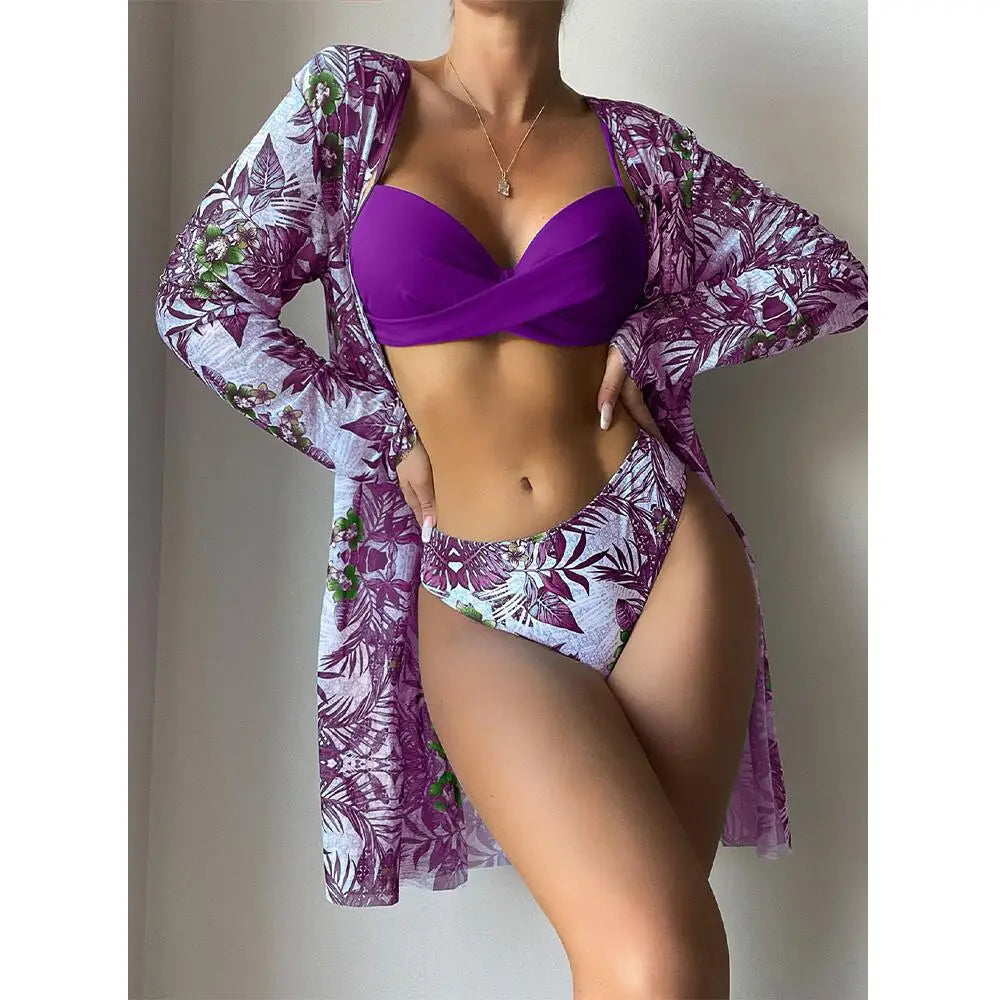 Three Pieces Bikini Set Cover Up Women New Push Up Twist Swimsuit Print Long Sleeve Swimwear Biquini Bathing Suit Summer