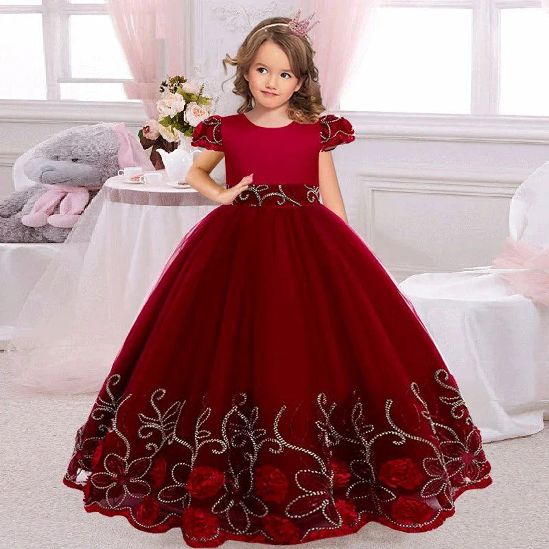 Girls lace sequin princess dress 2024 new children's embroidered bow puffy dress carnival birthday Christmas performance clothin