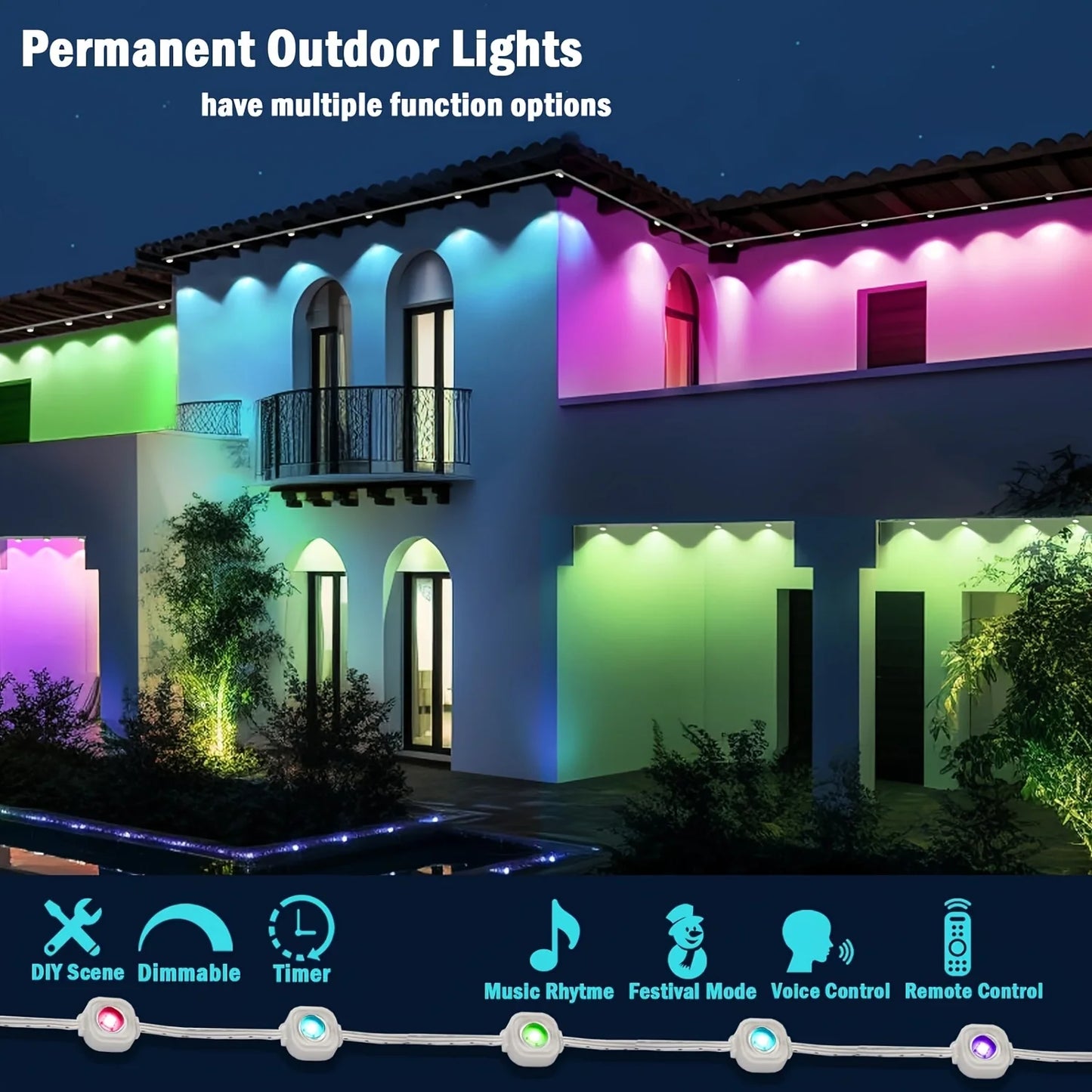 RGB Eaves Lights 30M Permanent Outdoor LED Light String Strip APP Smart DlY Auto Scene Lighting Effects Christmas Holidays Decor