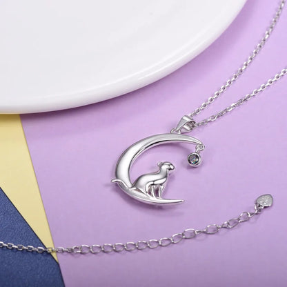 U7 Authentic 100% 925 Sterling Silver Cat Moon Necklace Meditation Women Jewelry   Chain & Pendant Valentine Gift SC17