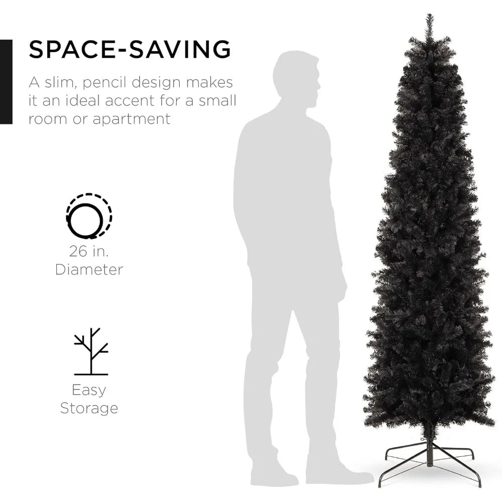 6ft Black Artificial Holiday Christmas Pencil Tree for Home, Office, Party Decoration w/ 608 Tips, Metal Hinges & Base