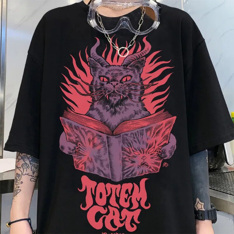 Summer Harajuku Goth Cat Y2k Harajuku Tops Women T Shirt Summer Print Short Sleeve Loose Plus Size Clothes Oversized T-shirt