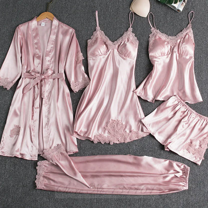 Female 5PCS Pajamas Set Spring Summer Silk Satin Sleepwear Pyjama Pour Femme Sleepwear Sexy Loose Lace Lounge Wear Pijamas Suit