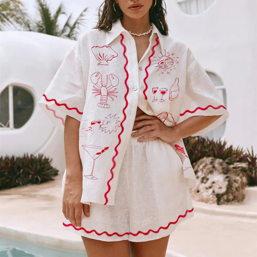 2 Piece Lounge Sets for Women Summer Casual Beach Vacation Two Piece Outfits Button down Pajamas Ric Rac Shorts Set