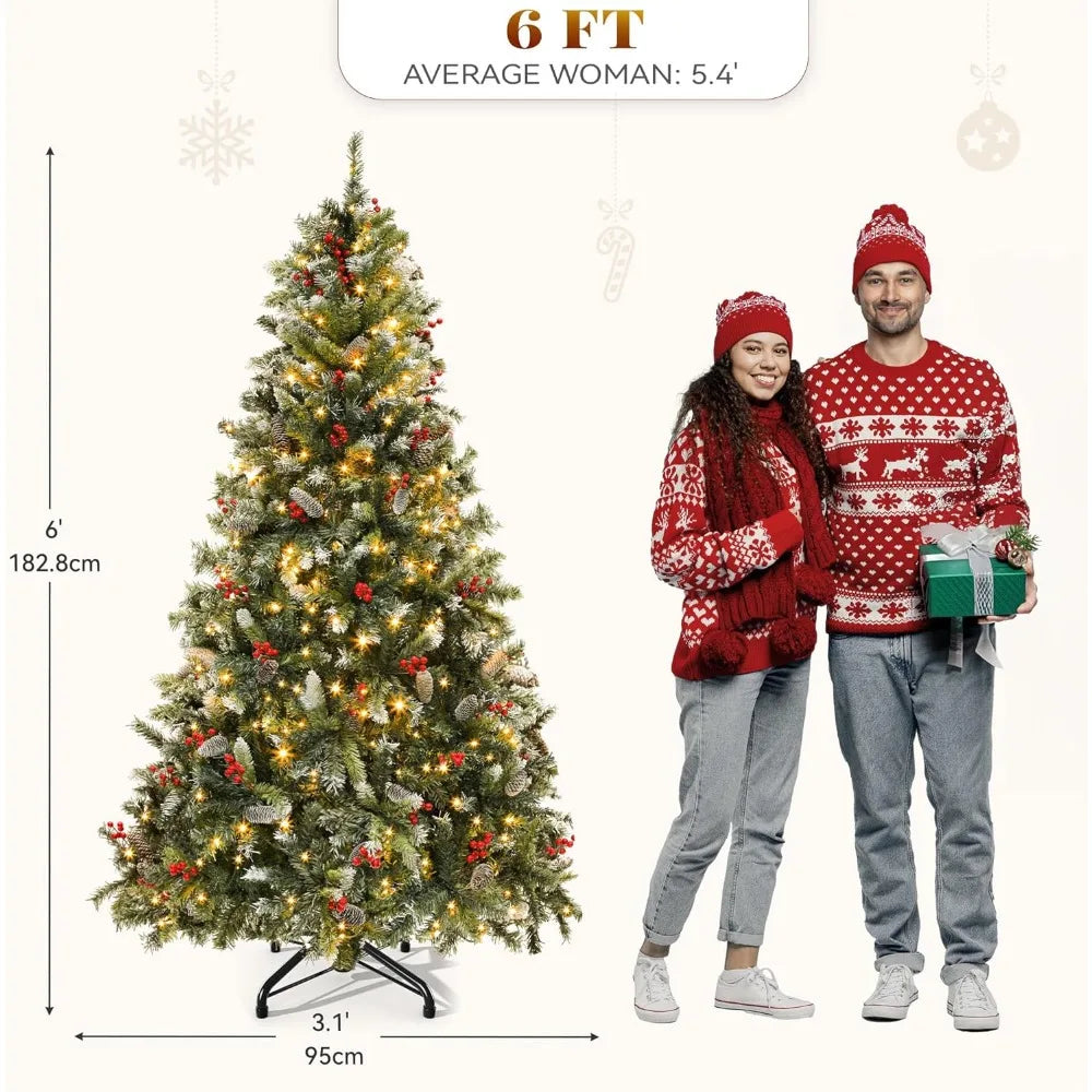 Christmas 6FT Christmas Tree, 818 Plush Frosted Tips, 250 Lights, 58 Pine Cones and 58 Red Berries, Suitable for Holiday Parties