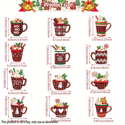 24pcs, Christmas Hot Cocoa Cup Shape, Plaid, Snowflake, Snowman, Evergreen Tree Pattern Christmas Wooden Hanging Ornaments Gift