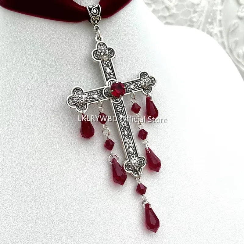 Large Cross Choker, Red Goth Choker, Gothic Cross, Goth Cross Velvet Choker, Red Velvet Choker with Cross, Velvet Cross Choker,