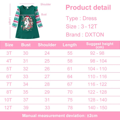 DXTON Girls Unicorn Cartoon Print Cotton Casual Straight Dress Kids Green Christmas Snowflakes New Year Gift Party Dresses