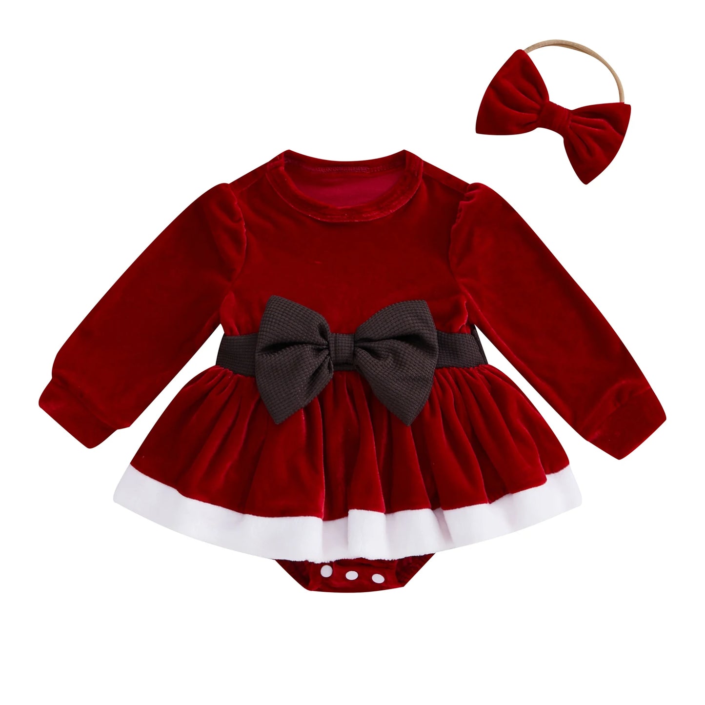 Baby Girls Christmas Jumpsuit Newborn 3D Bow Long Sleeve Velvet Bodysuits Girls Romper Headband Outfits Clothes