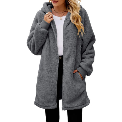 Women's Oversized Plush Jacket Solid Color Zippers Hooded Streetwear Cardigan Autumn And Winter Fleece Outerwear Chaquetas