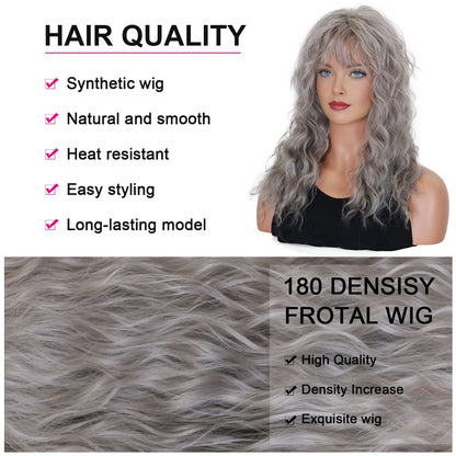 BCHR Grey Wigs with Bangs Long Curly Synthetic Wigs for Women Daily Cosplay Party Halloween Costume (Grey 20Inches)