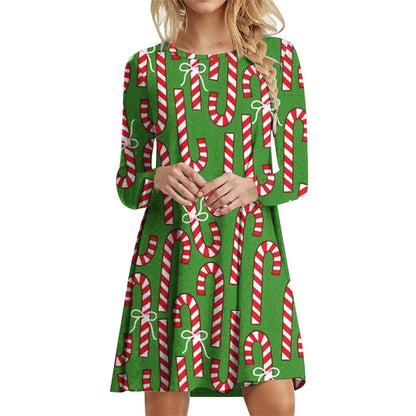 Winter Party Christmas Tree Dress Elegant Women X-Mas Snowflake Print A-Line Dress Autumn Casual Long Sleeve Oversized Clothing