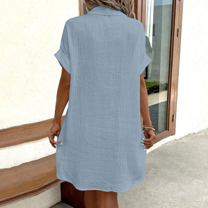 Women'S Fashion Summer Minimalist V-Neck Button Up Dress Woman Cotton Linen White Short Sleeved Pocket Casual Loose Shirt Dress