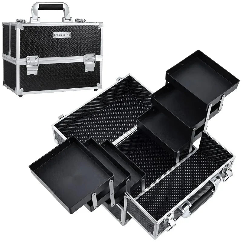 FRENESSA Makeup Train Case 12 Inch Large Portable Cosmetic Case - 6 Tier Trays Professional Makeup Storage Organizer Box Make Up