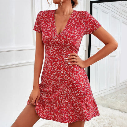 Women Short Sleeve A-Line Dress Summer Floral Print V-Neck Vintage Ruffled Hem Boho Dress High Waist Bodycon Fashion Vestidos