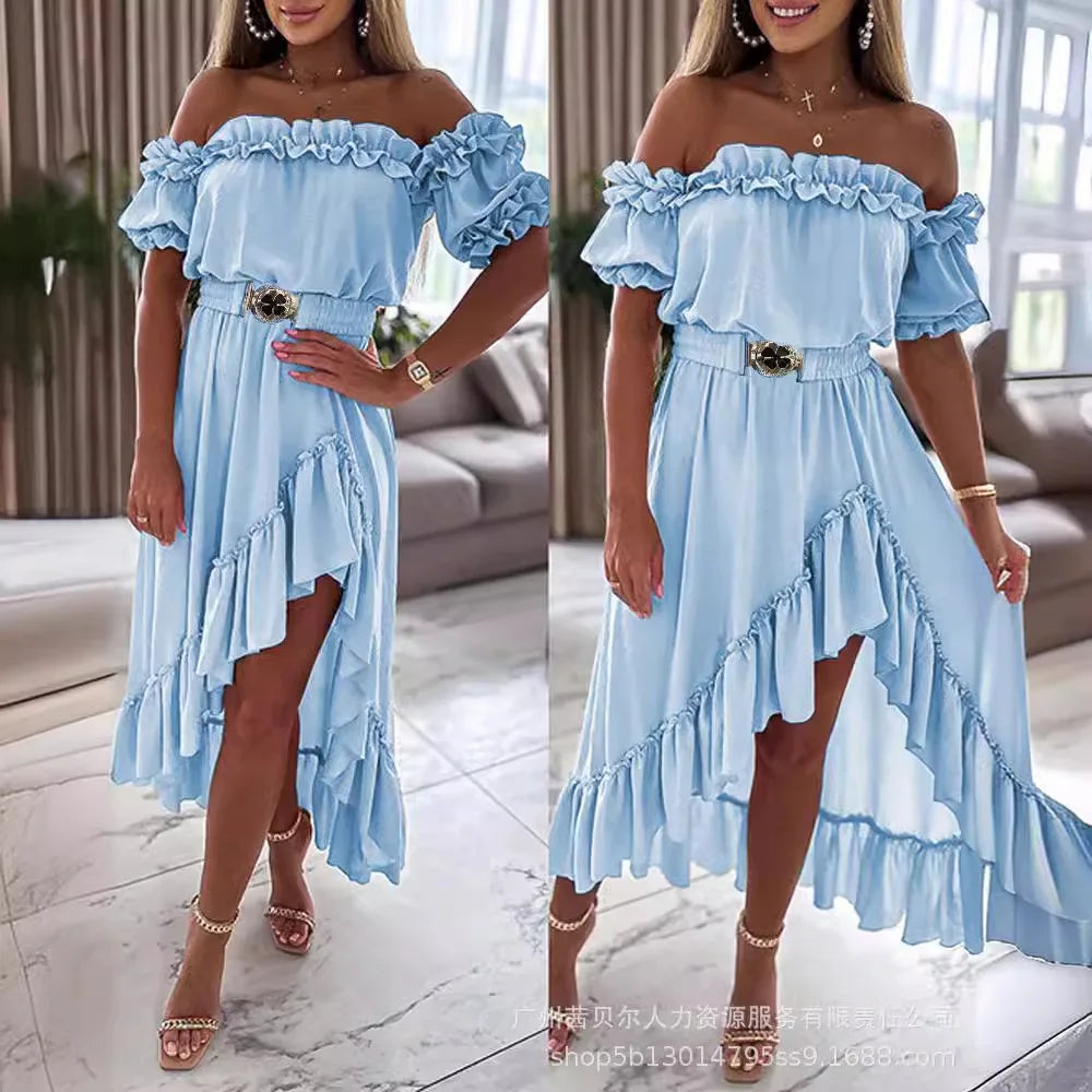 Dress Women Ruffles Off Shoulder Long Dresses Solid Slim Fit Regular Casual Elegant Splice High Waist Belt A Line Vestidos 2024