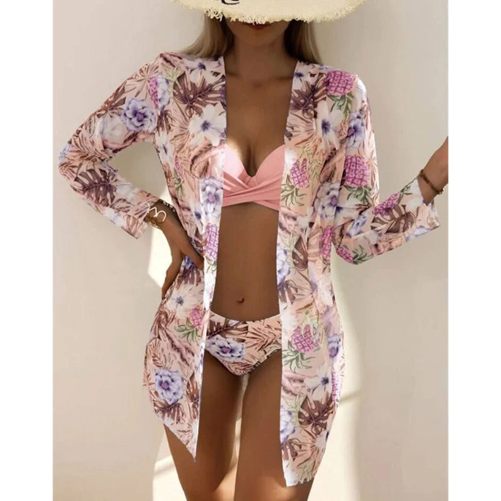 Three Pieces Bikini Set Cover Up Women New Push Up Twist Swimsuit Print Long Sleeve Swimwear Biquini Bathing Suit Summer