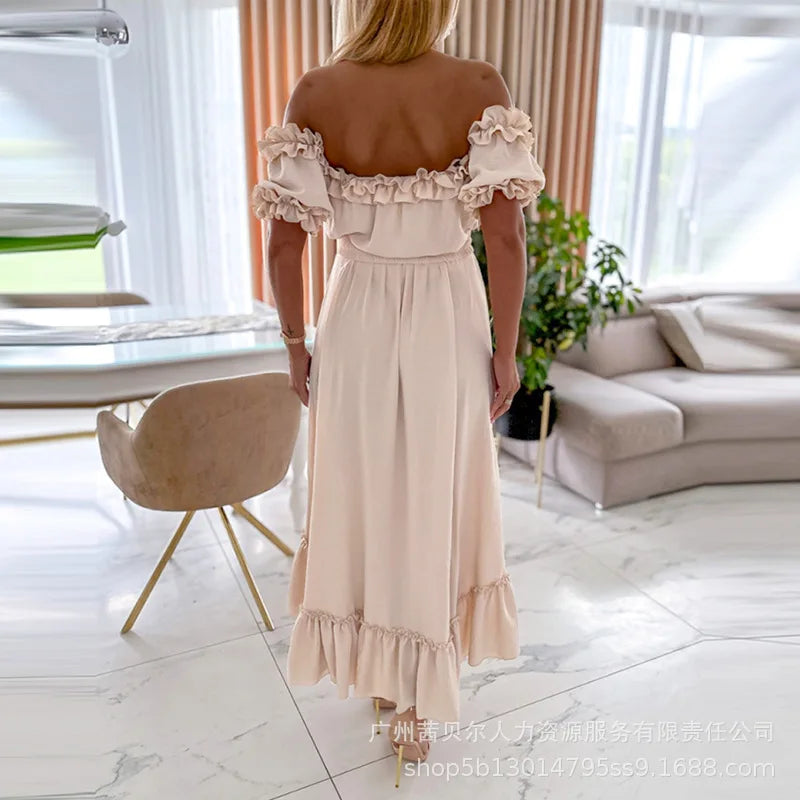 Dress Women Ruffles Off Shoulder Long Dresses Solid Slim Fit Regular Casual Elegant Splice High Waist Belt A Line Vestidos 2024