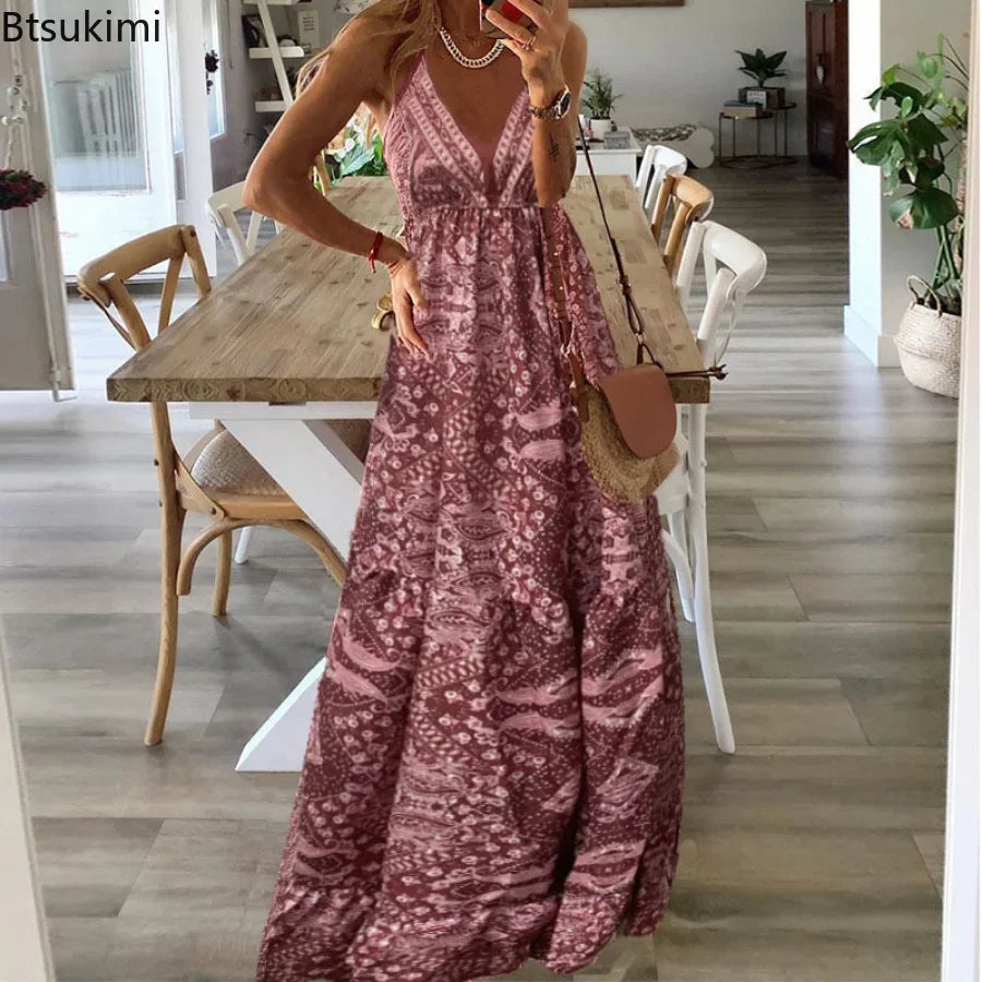 2024 Women's Summer Boho Long Dresses Elegant V Neck Party Dresses Vintage Printed Sleeveless Sexy Slim Maxi Beach Dress Mujer