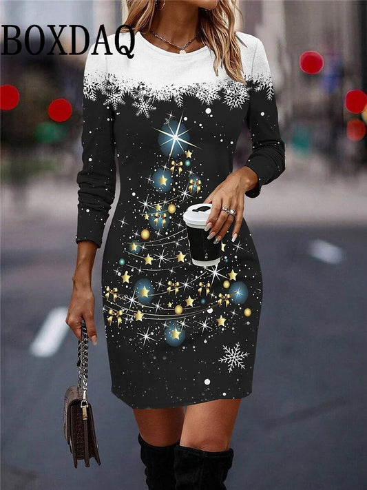 Round Neck Long-Sleeved Women's Party Dress Christmas Tree Snowflake Print A-Line Dress Winter Fashion Casual Loose Mini Dresses