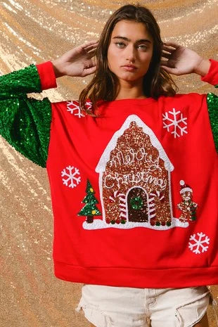 2025 Winter New Santa Claus Christmas Tree Soldier Pattern Sequins Loose Pullovers Tops Fashion Long Sleeve Tshirt Sweatshirt