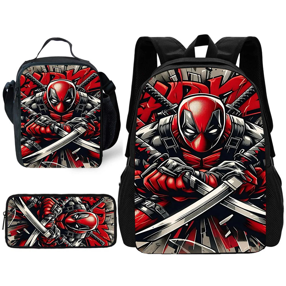 Child Schoo Deadpools Super Heroes Backpack with Lunch Bags ,Pencil Bags ,School Bags for Boys Girls Best Gift