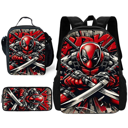 Child Schoo Deadpools Super Heroes Backpack with Lunch Bags ,Pencil Bags ,School Bags for Boys Girls Best Gift