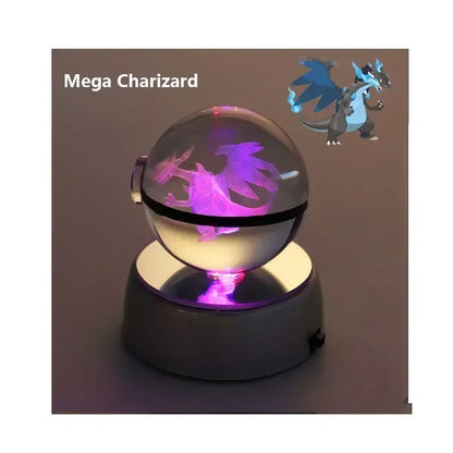 Pokemon 3D Crystal Ball Pikachu Figure Pokeball Engraving Crystal Charizard Model with Led Light Base Toys Anime Christmas Gift