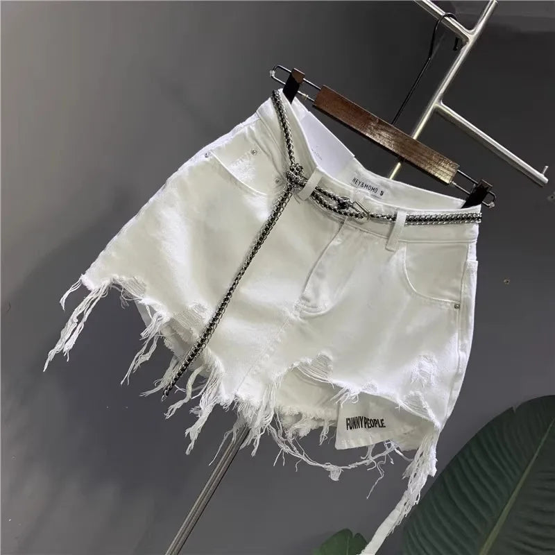 2024 New Korean White Raw Irregular Denim Skirt Women's Anti-Walk Naked Hole Pocket Exposed Short Skirt